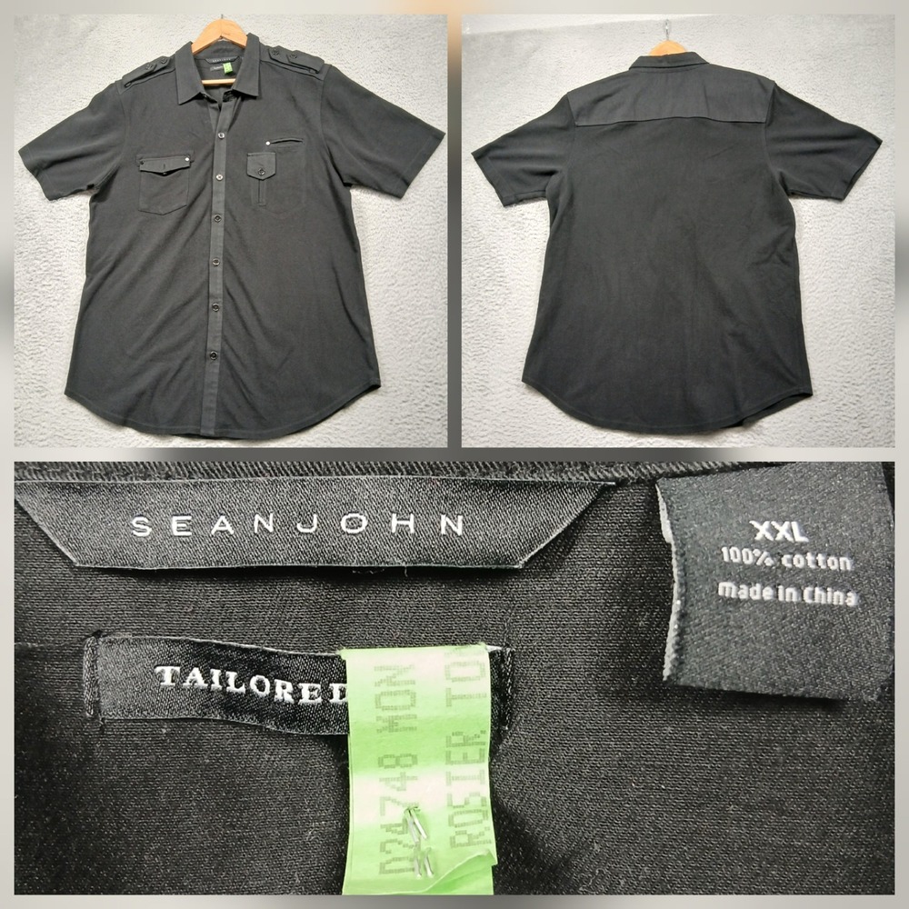 Sean John Button Up Shirt Men's‎ XXL Black Tailored Short Sleeve Cotton